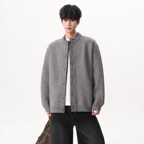 Faux Two-Piece Plaid Patchwork Knit Cardigan Coat for Men Fashionable Autumn/Winter Loose Vintage Casual Button-Up Sweater